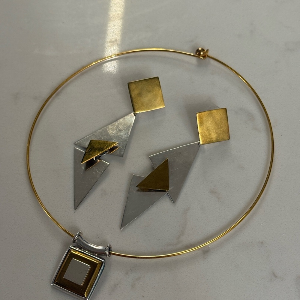 Taxco Sterling Silver and Brass Jewelry Set - Dangle Earrings and Necklace - Picture 3 of 9